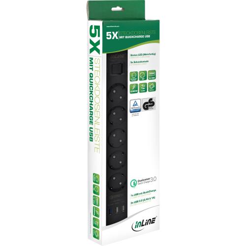 InLine® Steckdosenleiste 5-fach Schutzkontakt Überspannungsschutz und QuickCharge USB mit Schalter 1,5m schwarz