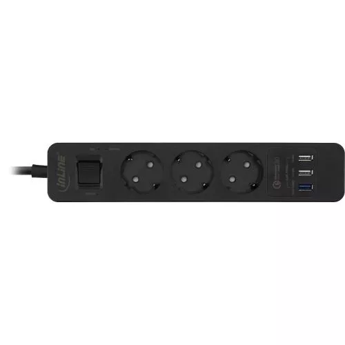 InLine Steckdosenleiste 3-fach Schutzkontakt Überspannungsschutz und QuickCharge USB mit Schalter 1,5m schwarz