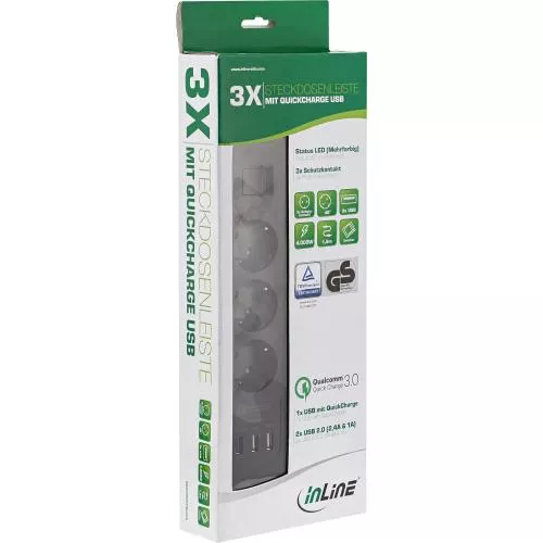 InLine® Steckdosenleiste 3-fach Schutzkontakt Überspannungsschutz und QuickCharge USB mit Schalter 1,5m schwarz
