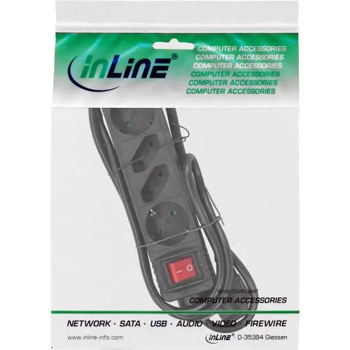 InLine® Steckdosenleiste 4-fach 2x Schutzkontakt + 2x Euro mit Schalter 5m schwarz