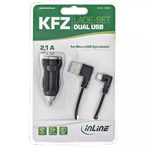 InLine® USB DUAL+ KFZ-Ladeset Stromadapter mit 1m Spiralkabel 12/24VDC zu 5V DC/2.1A