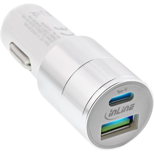 InLine® USB KFZ Ladegerät Stromadapter Quick Charge 3.0 12/24VDC zu 5V DC/3A USB-A + USB Typ-C weiß