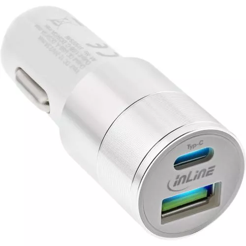 InLine USB KFZ Ladegerät Stromadapter Quick Charge 3.0 12/24VDC zu 5V DC/3A USB-A + USB Typ-C weiß