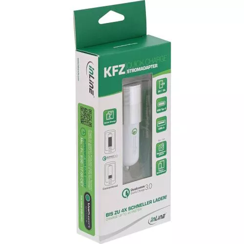 InLine® USB KFZ Ladegerät Stromadapter Quick Charge 3.0 12/24VDC zu 5V DC/3A USB-A + USB Typ-C weiß