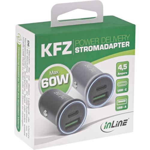 Preview: InLine® USB KFZ Stromadapter Power Delivery USB-A + USB Typ-C grau