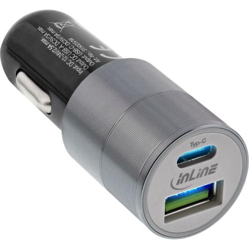 Preview: InLine® USB KFZ Ladegerät Stromadapter Quick Charge 3.0 12/24VDC zu 5V DC/3A USB-A + USB Typ-C schwarz