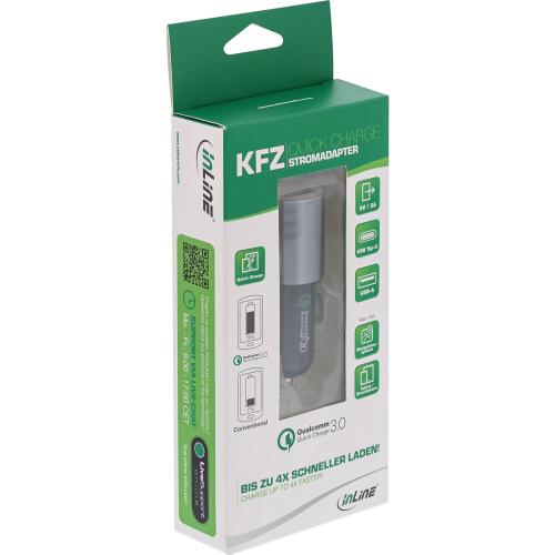 InLine® USB KFZ Ladegerät Stromadapter Quick Charge 3.0 12/24VDC zu 5V DC/3A USB-A + USB Typ-C schwarz