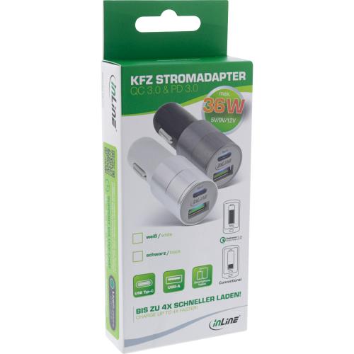 Preview: InLine® USB KFZ Ladegerät Stromadapter Quick Charge 3.0 12/24VDC zu 5V DC/3A USB-A + USB Typ-C schwarz