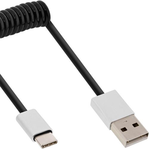 InLine® USB 2.0 Spiralkabel, USB-C ST an A ST, schwarz/Alu, flexibel