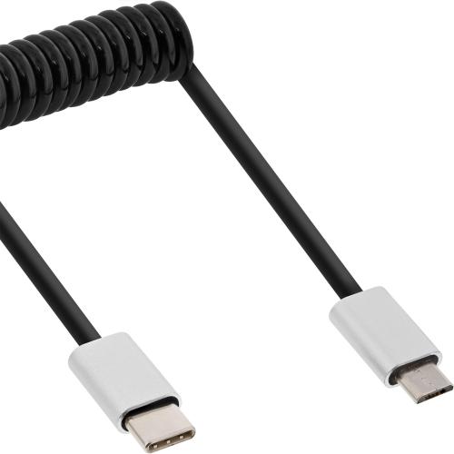 InLine® USB 2.0 Spiralkabel, USB-C ST an Micro-B ST, schwarz/Alu, flexibel