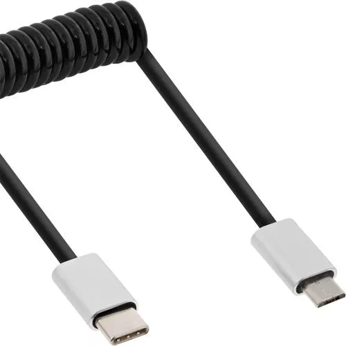 InLine® USB 2.0 Spiralkabel Typ C Stecker an Micro-B Stecker schwarz/Alu flexibel