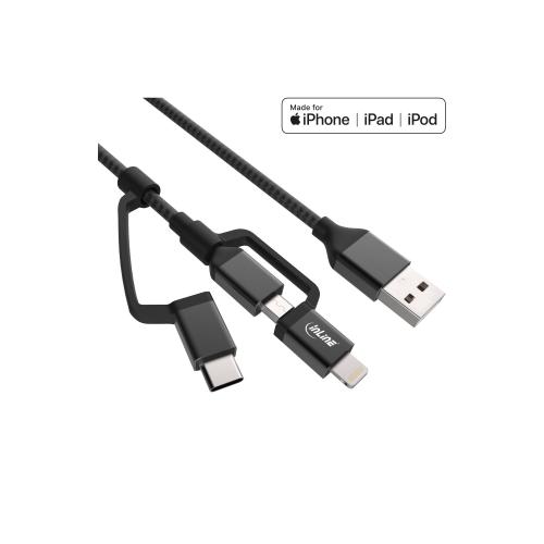 InLine® 3-in1 USB Kabel, Micro-USB/Lightning/USB-C, schwarz/Alu, 1,5m, MFi-zertifiziert