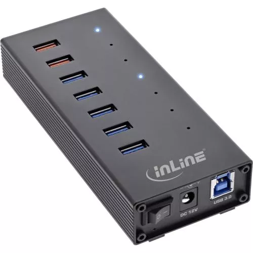 InLine® USB 3.2 Gen.1 Hub 7 Port Aluminiumgehäuse schwarz mit 2,5A Netzteil