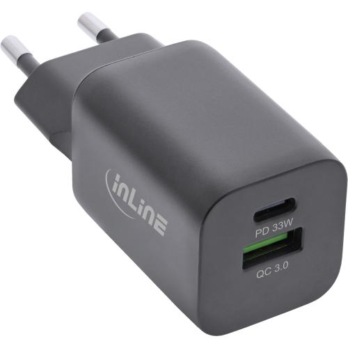 Preview: InLine® USB Netzteil Ladegerät USB-A + USB Typ-C 33W Power Delivery + Quick Charge schwarz