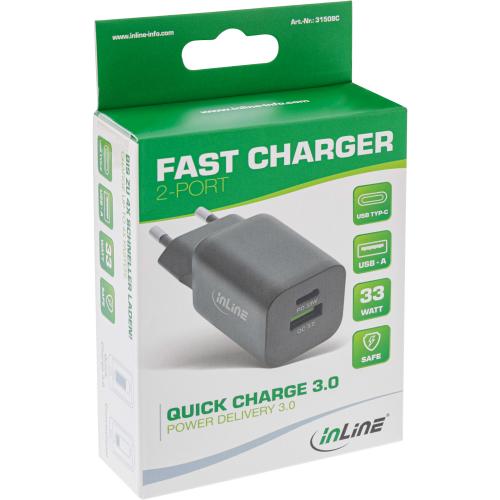Preview: InLine® USB Netzteil Ladegerät USB-A + USB Typ-C 33W Power Delivery + Quick Charge schwarz