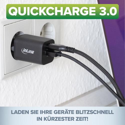 Preview: InLine® USB Netzteil Ladegerät USB-A + USB Typ-C 33W Power Delivery + Quick Charge schwarz