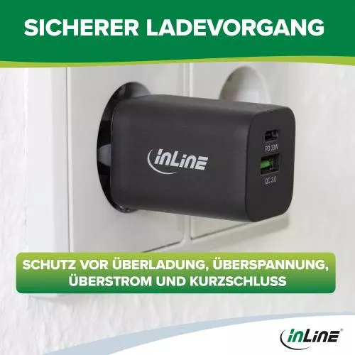 InLine® USB Netzteil Ladegerät USB-A + USB Typ-C 33W Power Delivery + Quick Charge schwarz