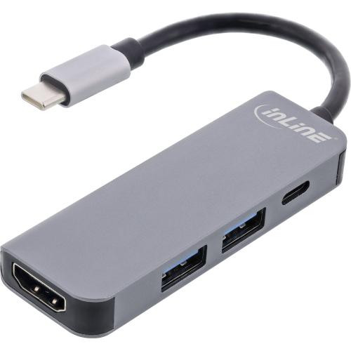 Preview: InLine® Multifunktions-Hub USB 3.2 Gen.1 2x USB-A 5Gb/s + HDMI 4K/30Hz + USB Typ-C PD 87W Aluminium grau