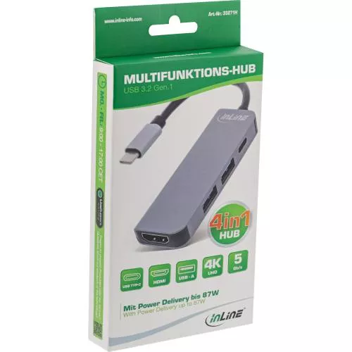 InLine® Multifunktions-Hub USB 3.2 Gen.1 2x USB-A 5Gb/s + HDMI 4K/30Hz + USB Typ-C PD 87W Aluminium grau