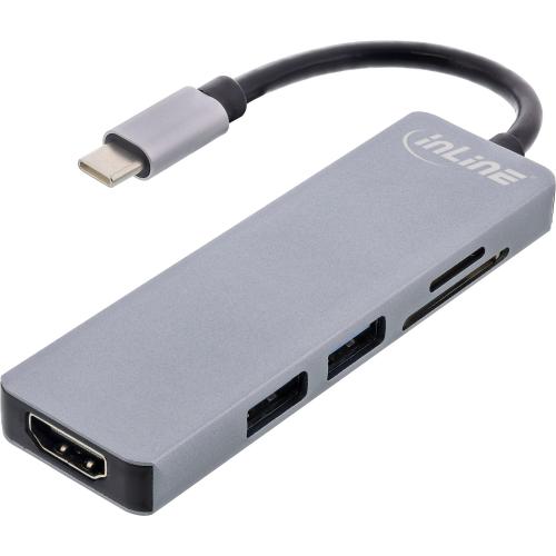 Preview: InLine® Multifunktions-Hub USB 3.2 Gen.1 2x USB-A 5Gb/s + HDMI 4K/30Hz + Cardreader Aluminium grau