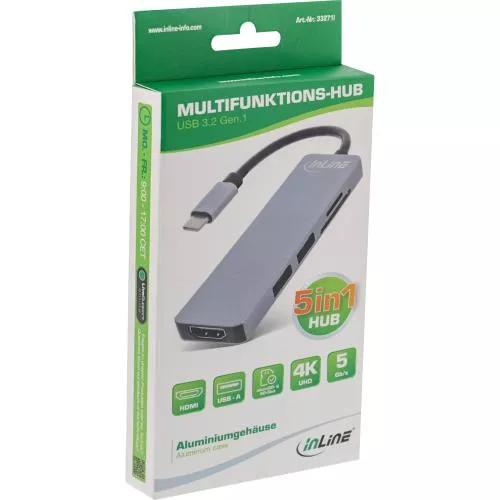 InLine® Multifunktions-Hub USB 3.2 Gen.1 2x USB-A 5Gb/s + HDMI 4K/30Hz + Cardreader Aluminium grau