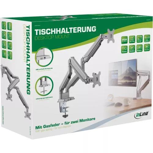 InLine® Tischhalterung mit Lifter und USB/Audio beweglich für zwei Monitore bis 81cm (32") max. 9kg
