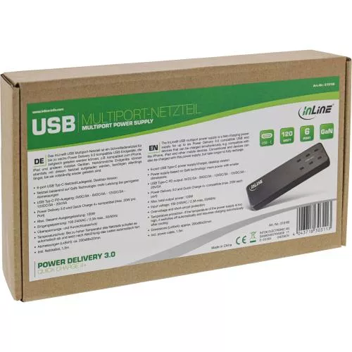 InLine® Multiport Netzteil 120W Ladegerät, 6x USB Typ-C, PD 3.0 GaN schwarz