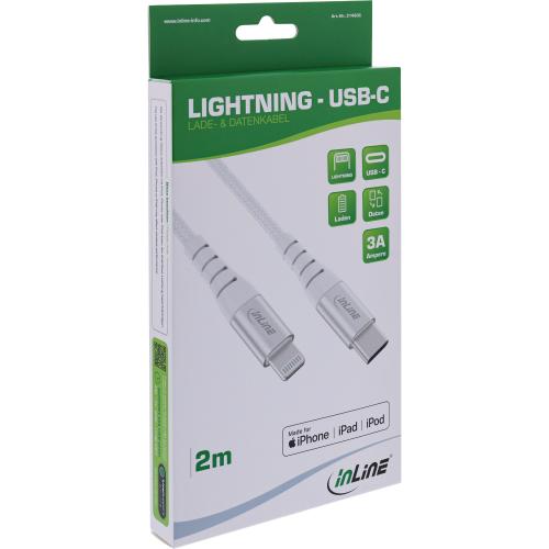 Preview: InLine® USB-C Lightning Kabel für iPad, iPhone, iPod, silber/Alu, 2m MFi-zertifiziert