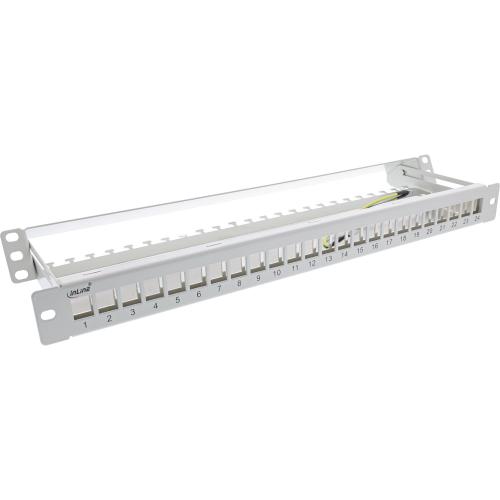 Preview: Patchpanel Leerblech mit Auszug – 24-fach, 19" (48,26 cm), 1HE, lichtgrau (RAL 7035), für Keystone Snap-In Module