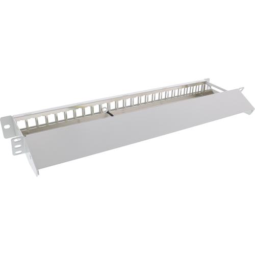 Preview: Patchpanel Leerblech mit Auszug – 24-fach, 19" (48,26 cm), 1HE, lichtgrau (RAL 7035), für Keystone Snap-In Module
