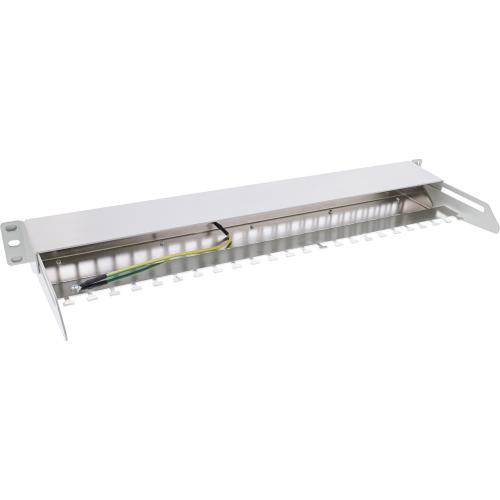 Preview: Patchpanel Leerblech mit Auszug – 24-fach, 19" (48,26 cm), 1HE, lichtgrau (RAL 7035), für Keystone Snap-In Module