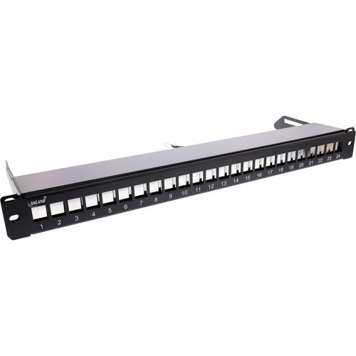 Patchpanel 24-fach – Keystone-Leerblech mit Auszug, 19", 1HE, schwarz (RAL 9005)