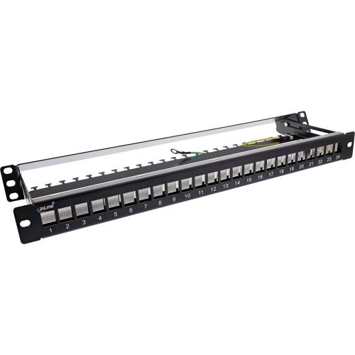 Preview: Patchpanel 24-fach – Keystone-Leerblech mit Auszug, 19", 1HE, schwarz (RAL 9005)