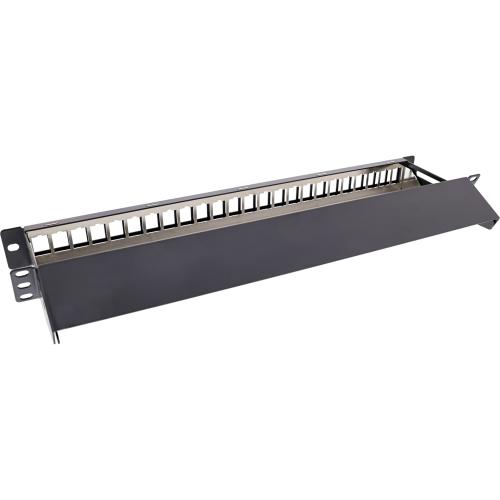 Preview: Patchpanel 24-fach – Keystone-Leerblech mit Auszug, 19", 1HE, schwarz (RAL 9005)