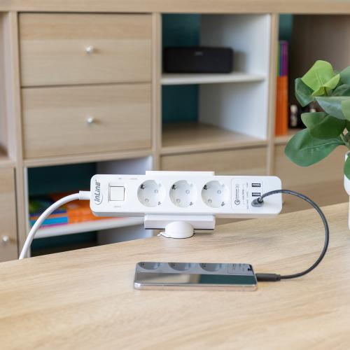 Preview: InLine® Tischklemme für Steckdosenleiste, drehbar, Schraubklemme, weiß