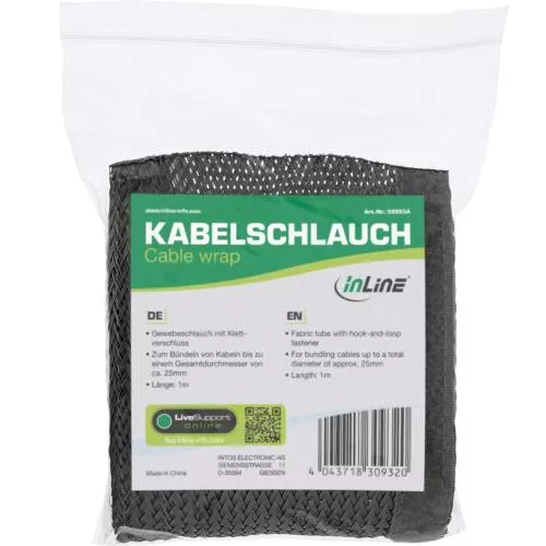 Kabelschlauch Gewebeschlauch – 1 m x 25 mm – Schwarz – mit Klettverschluss