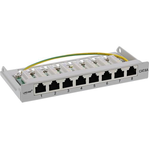 Preview: Patchpanel Cat.6A – 8-fach, 0,5HE, Tisch/Wandmontage, lichtgrau (RAL 7035)