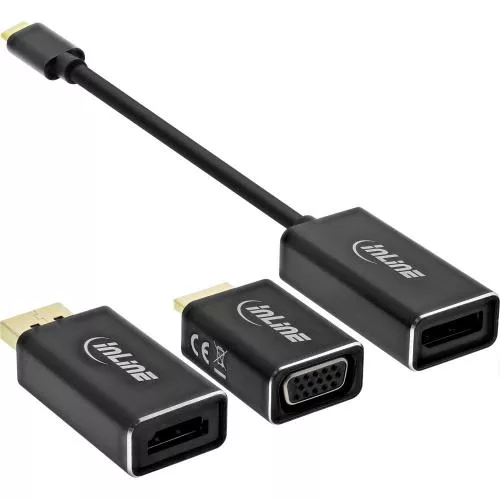 InLine® USB Display Konverter Set 6-in-1 USB Typ-C Stecker zu DisplayPort Buchse HDMI VGA (DP Alt Mode) 4K2K schwarz 0,2m