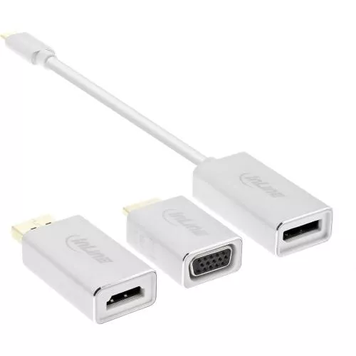 InLine USB Display Konverter Set 6-in-1 USB Typ-C Stecker zu DisplayPort Buchse HDMI VGA (DP Alt Mode) 4K2K silber 0,2m