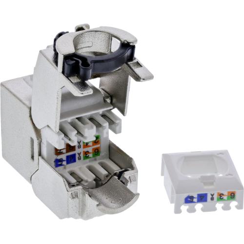 Preview: RJ45 Keystone-Modul Cat.6A, Snap-In, LSA, Slim-Design, mit Kabelclip