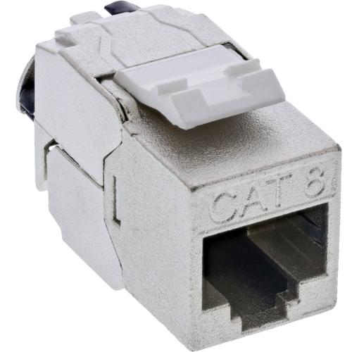 RJ45 Keystone-Modul Cat.8.1, Snap-In, Slim-Bauform, Buchse/LSA, mit Kabelclip
