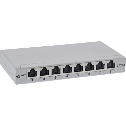 Patchpanel Cat.6A – 8-fach, 0,5HE, Tisch/Wand/Hutschiene, grau, mit Staubschutz