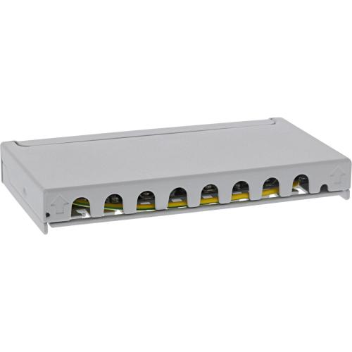Preview: Patchpanel Cat.6A – 8-fach, 0,5HE, Tisch/Wand/Hutschiene, grau, mit Staubschutz