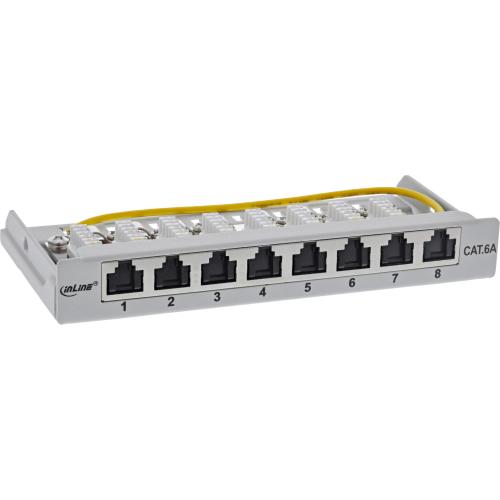 Preview: Patchpanel Cat.6A – 8-fach, 0,5HE, Tisch/Wand/Hutschiene, grau, mit Staubschutz