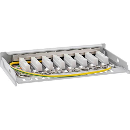 Preview: Patchpanel Cat.6A – 8-fach, 0,5HE, Tisch/Wand/Hutschiene, grau, mit Staubschutz