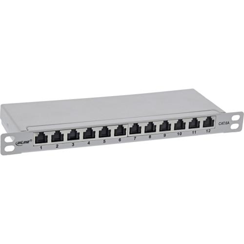Patchpanel Cat.6A – 12-fach, 10", 0,5HE, lichtgrau, kompakt mit Staubschutz