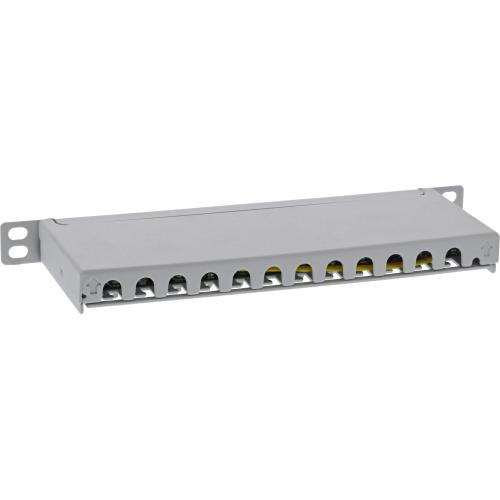 Preview: Patchpanel Cat.6A – 12-fach, 10", 0,5HE, lichtgrau, kompakt mit Staubschutz