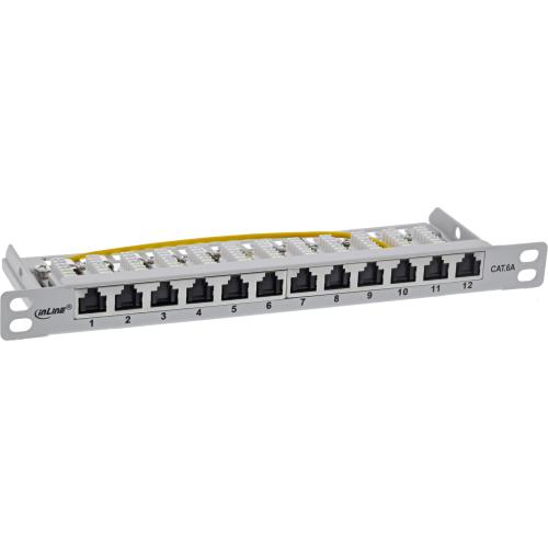 Preview: Patchpanel Cat.6A – 12-fach, 10", 0,5HE, lichtgrau, kompakt mit Staubschutz