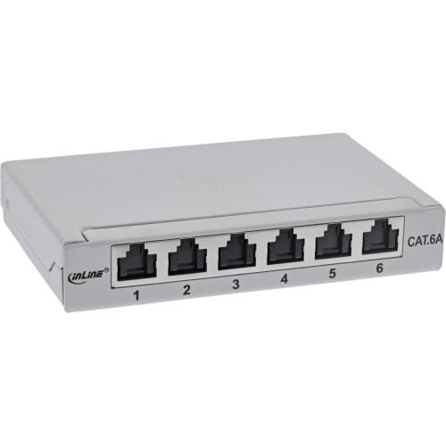 Patchpanel Cat.6A – 6-fach, 0,5HE, Tisch/Wand/Hutschiene, grau, mit Staubschutz