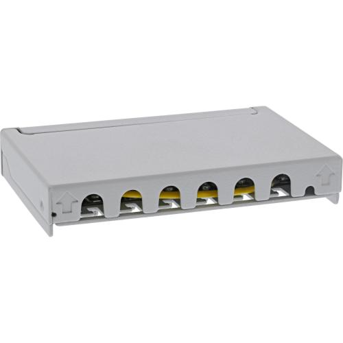Preview: Patchpanel Cat.6A – 6-fach, 0,5HE, Tisch/Wand/Hutschiene, grau, mit Staubschutz